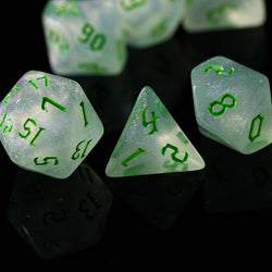 Glitter Party White Glitter Dice (Green font) 7-Dice Set RPG DND (Online Only)