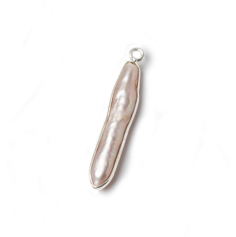 37x4mm Sterling Silver bezeled Light Peach Biwa Pearl 1 ring charm Pendant 1 piece (ONLINE ORDER ONLY)