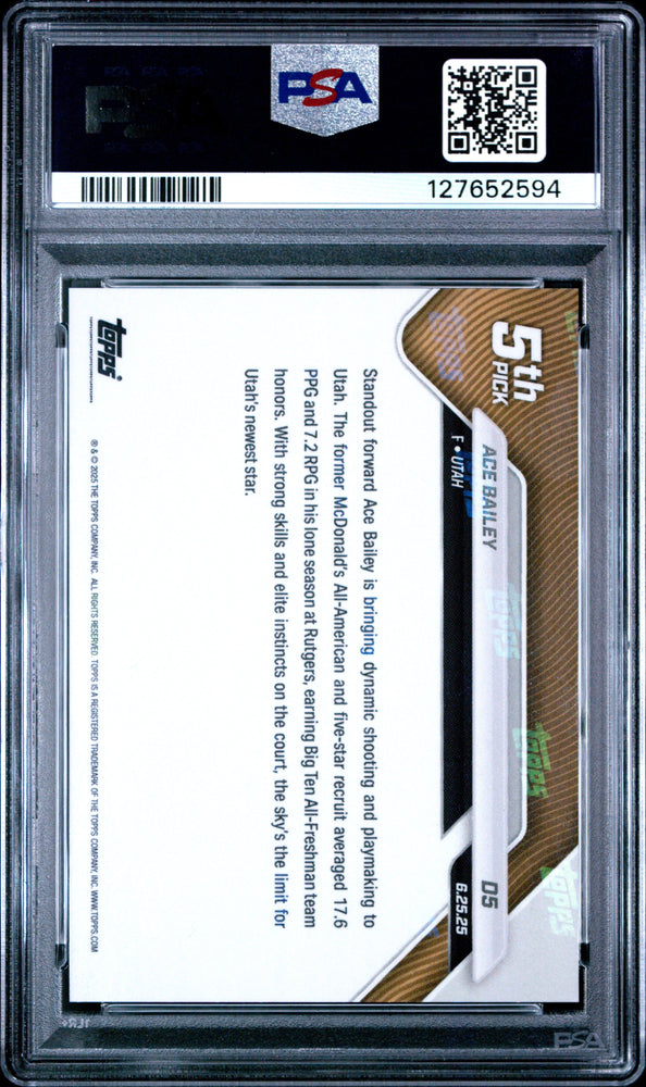 Graded 2025 Topps Now Ace Bailey #D5 Rookie RC Basketball Card PSA 10 Gem Mint (ONLINE ORDER ONLY)