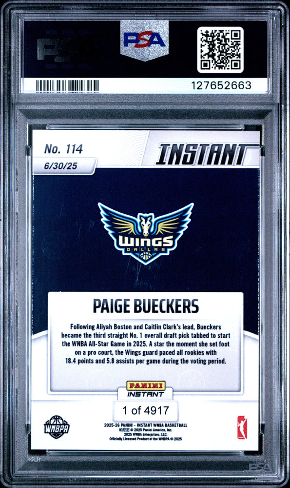 Graded 2025 Panini Instant WNBA Paige Bueckers #114 Rookie RC Basketball Card PSA 10 Gem Mint (ONLINE ORDER ONLY)
