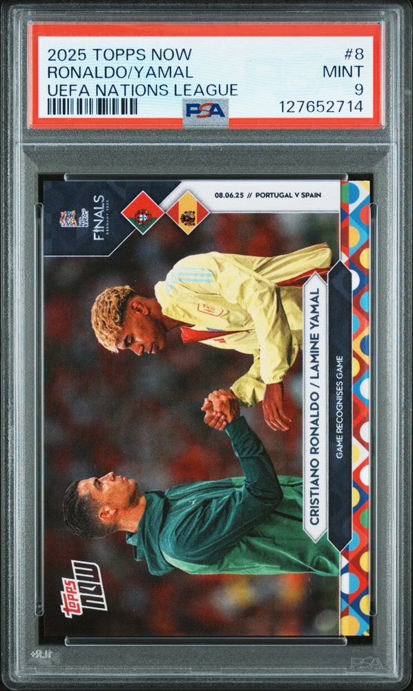 Graded 2025 Topps Now UEFA Nations League Cristiano Ronaldo/Lamine Yamal #8 Soccer Card PSA 9 Mint (ONLINE ORDER ONLY)