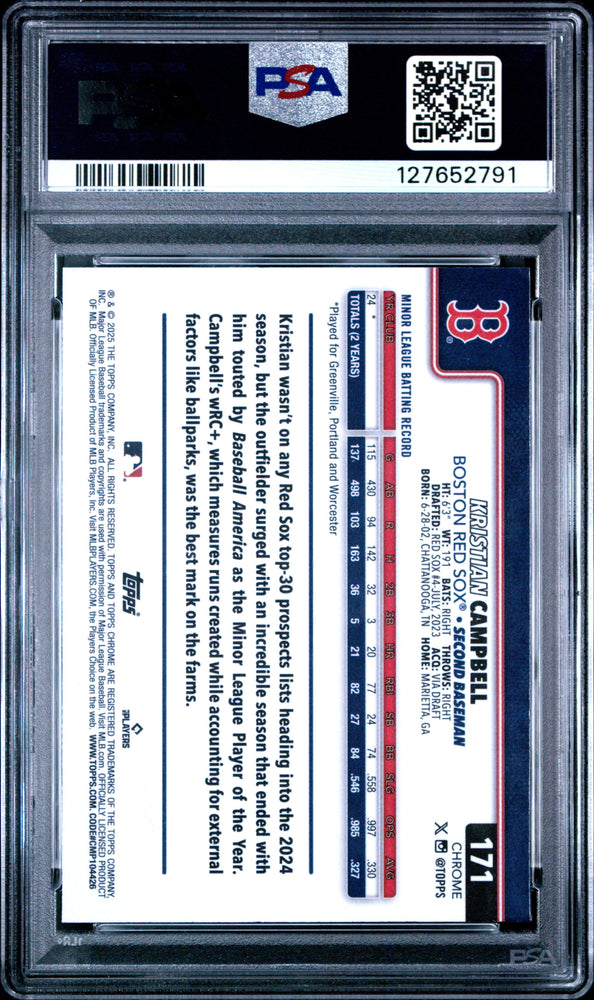 Graded 2025 Topps Chrome Kristian Campbell #171 Rookie RC Baseball Card PSA 10 Gem Mint (ONLINE ORDER ONLY)