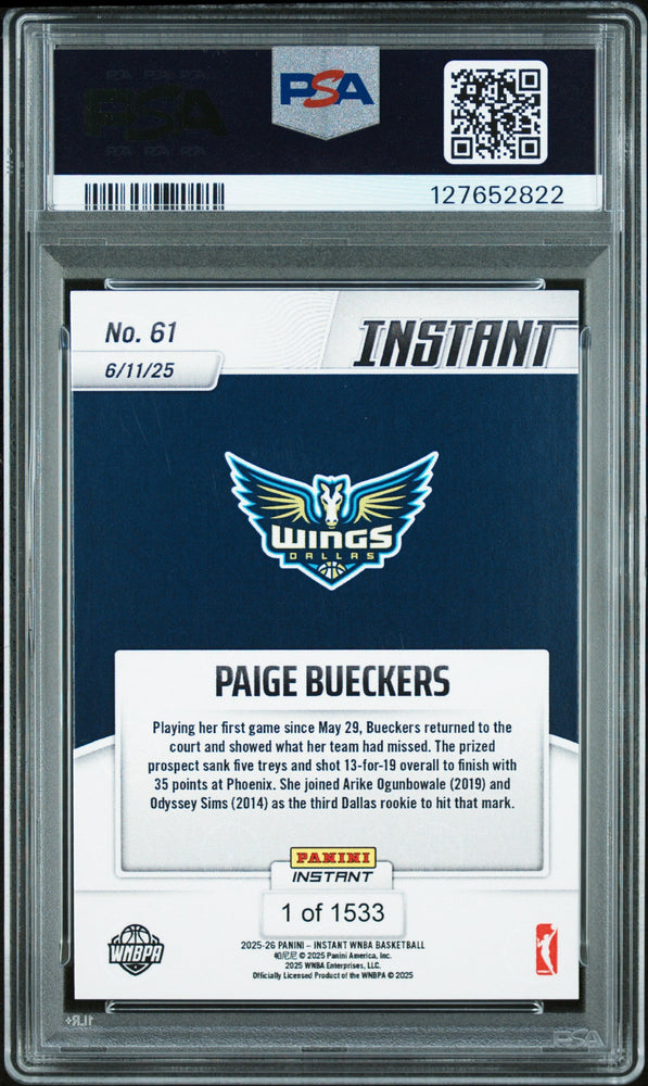 Graded 2025 Panini Instant WNBA Paige Bueckers #61 Rookie RC Basketball Card PSA 10 Gem Mint (ONLINE ORDER ONLY)