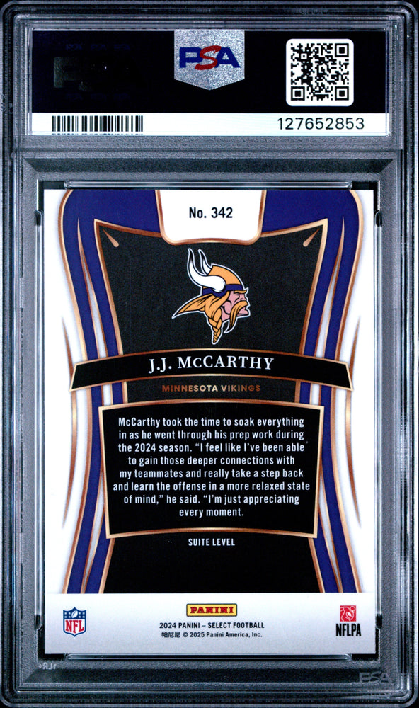 Graded 2024 Panini Select JJ McCarthy #342 Rookie RC Football Card PSA 9 Mint (ONLINE ORDER ONLY)