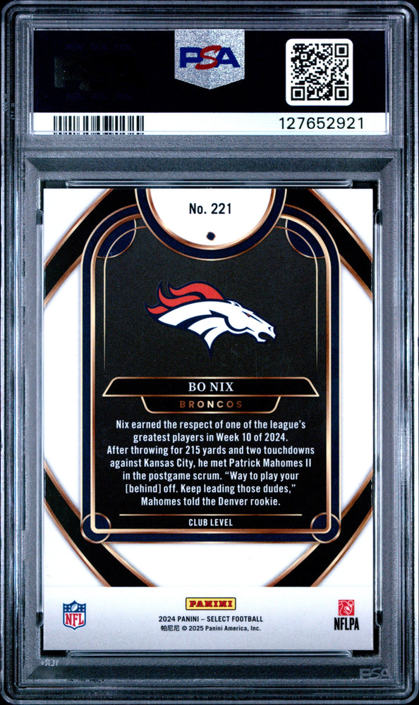 Graded 2024 Panini Select Bo Nix #221 Rookie RC Football Card PSA 10 Gem Mint (ONLINE ORDER ONLY)