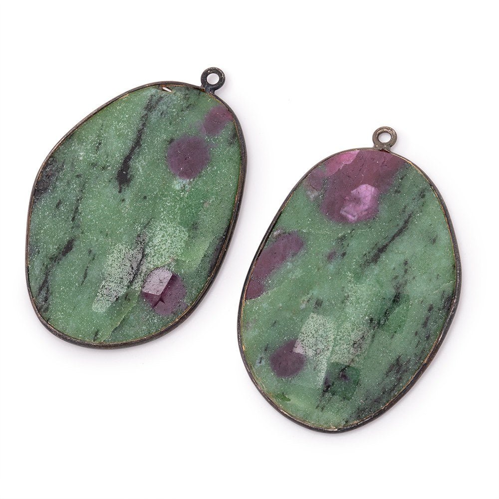 38x27mm Black Gold Bezel Ruby in Zoisite Faceted Freeform Set of 2 Pendants (ONLINE ORDER ONLY)