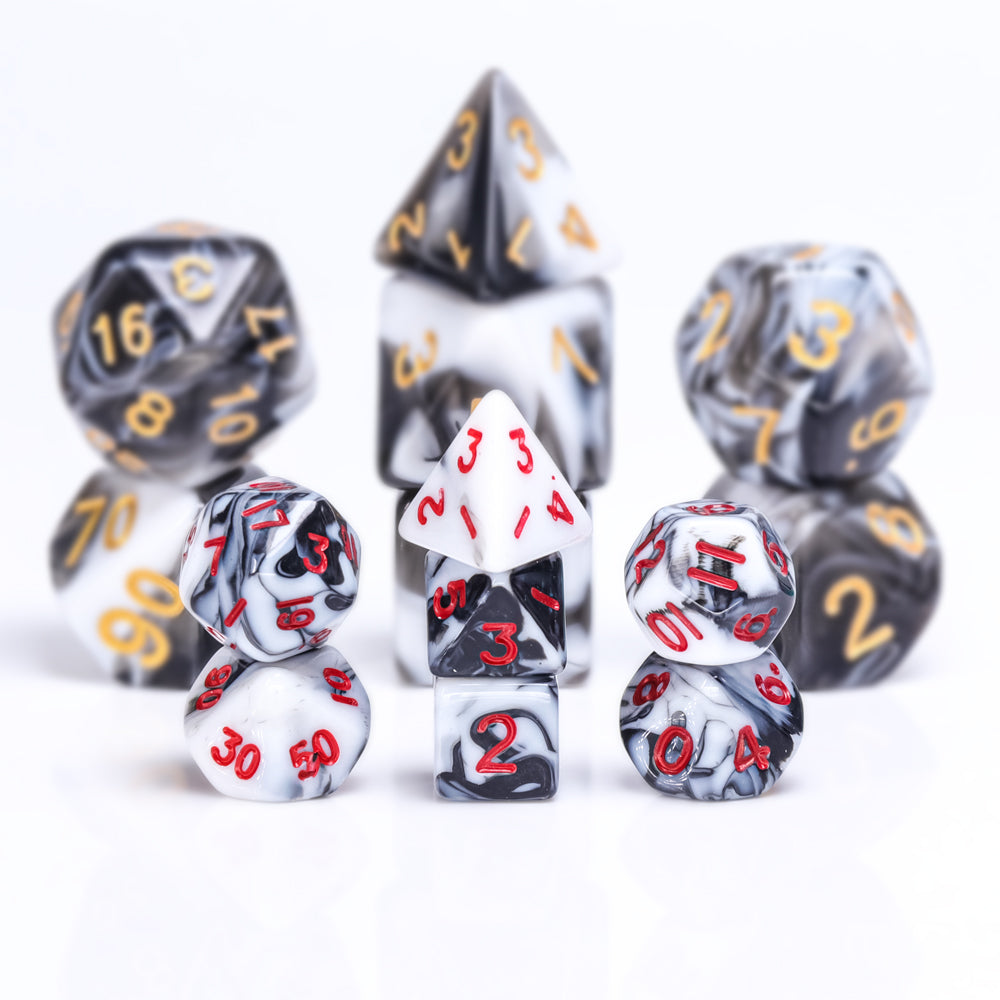 Black-White Blend 7-Dice Mini-Dice RPG Set w/Red Numbers Miniature Dice (Online Only)