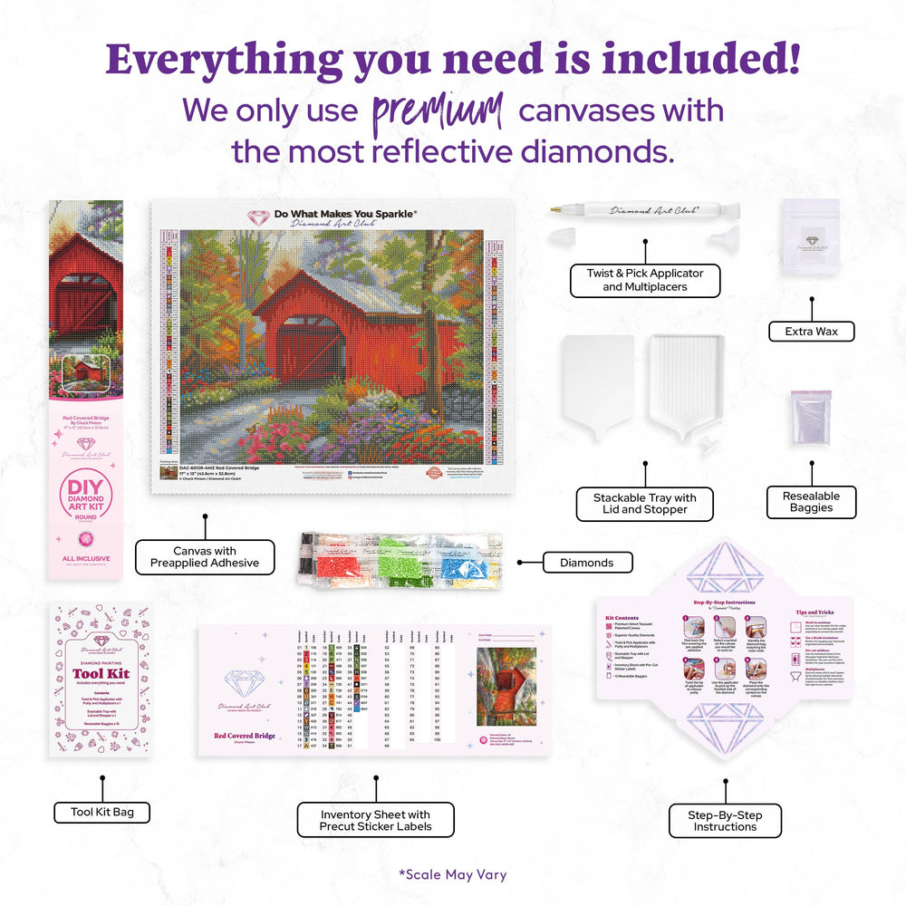 Diamond Art Club – Red Covered Bridge Diamond Painting (Round Drill, 17" x 13") (ONLINE ORDER ONLY)