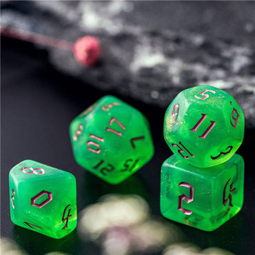 Green Glitter Party Glitter Dice (Pink font) 7-Dice Set RPG DND (Online Only)