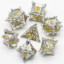 White w/Gold Pinwheel Strengthened Metal 7-Dice Set | Metal DND Dice (Online Only)