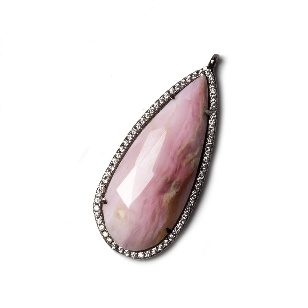 39x17mm Black Gold Bezeled White CZ & Pink Peru Opal Pear Pendant 1 pc (ONLINE ORDER ONLY)