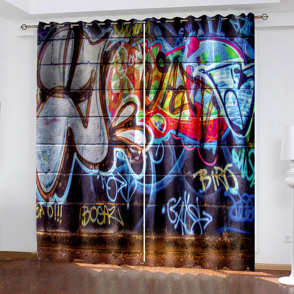 3D Cafe Hip Hop Street Graffiti Curtains Blackout Window Treatments Drapes (Online Order Only)