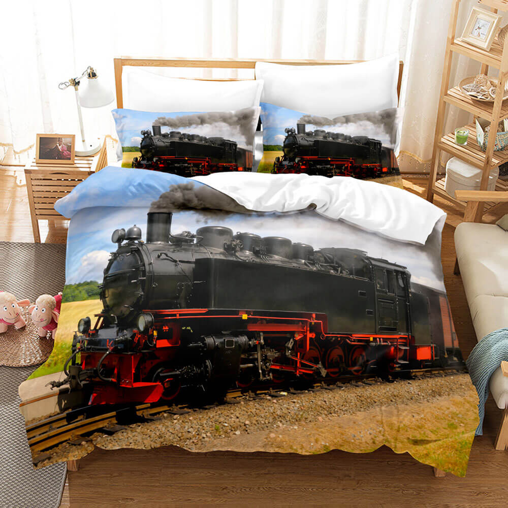 3 Piece Steam Engine Vintage Locomotive Bedding Set Duvet Covers Sets (Online Order Only)