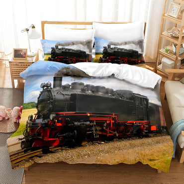 3 Piece Steam Engine Vintage Locomotive Bedding Set Duvet Covers Sets (Online Order Only)