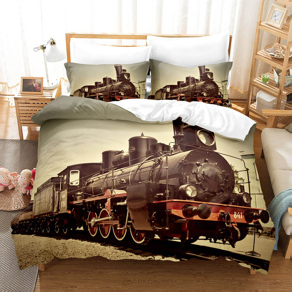 3 Piece Steam Engine Vintage Locomotive Bedding Set Duvet Covers Sets (Online Order Only)
