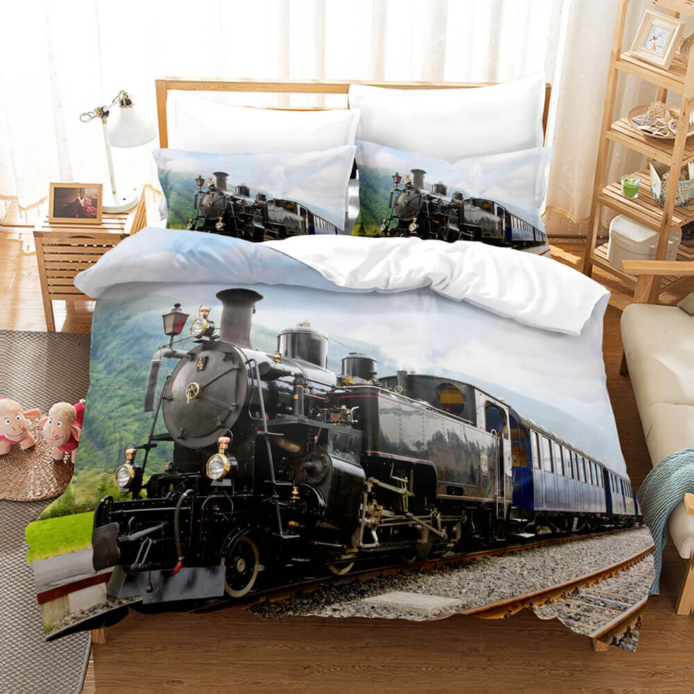 3 Piece Steam Engine Vintage Locomotive Bedding Set Duvet Covers Sets (Online Order Only)