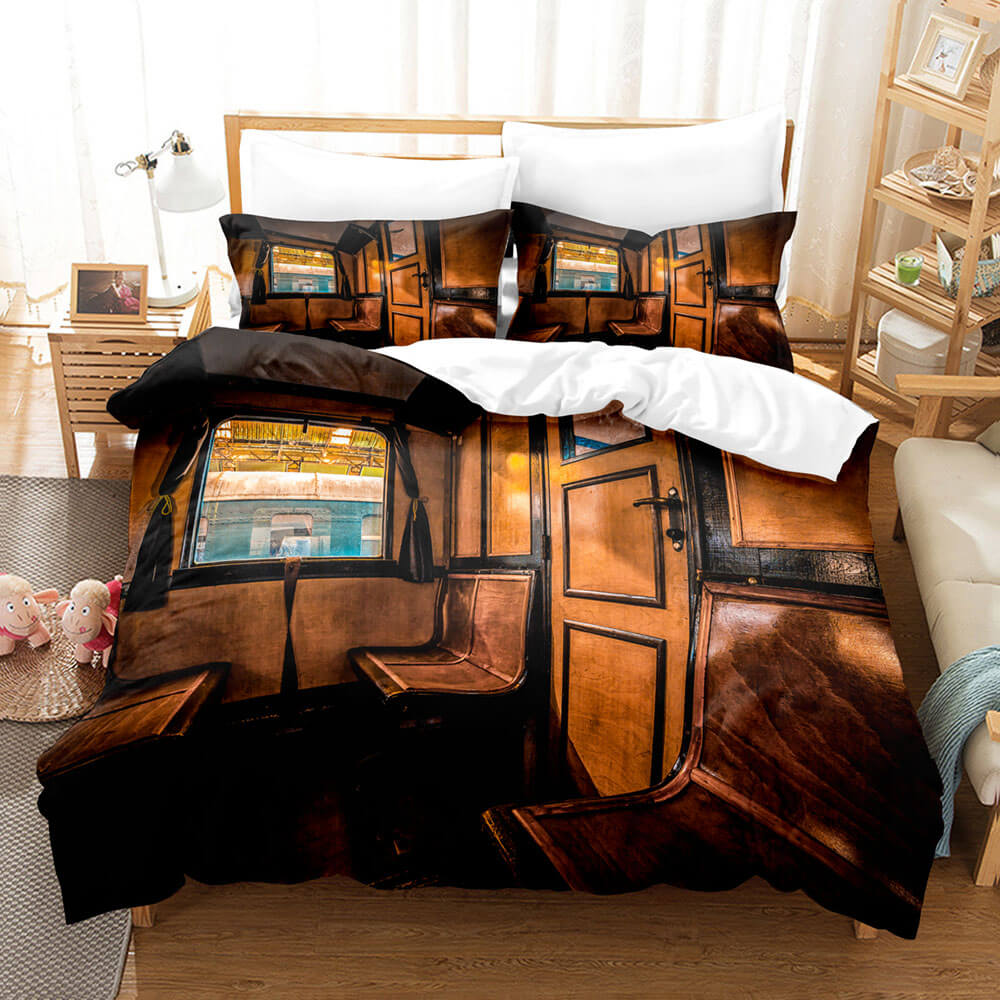 3 Piece Steam Engine Vintage Locomotive Bedding Set Duvet Covers Sets (Online Order Only)