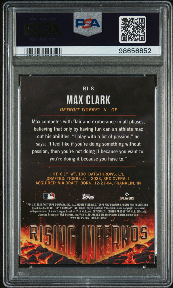 Graded 2024 Topps Bowman Max Clark #RI8 Rising Infernos Rookie RC Baseball Card PSA 10 Gem Mint (ONLINE ORDER ONLY)