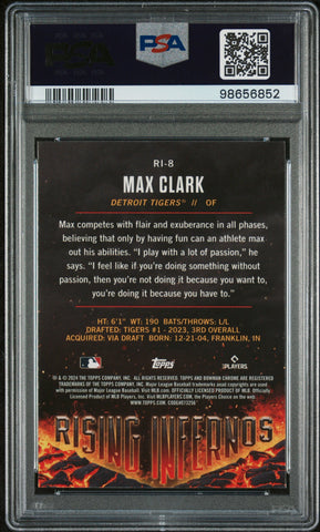 Graded 2024 Topps Bowman Max Clark #RI8 Rising Infernos Rookie RC Baseball Card PSA 10 Gem Mint (ONLINE ORDER ONLY)