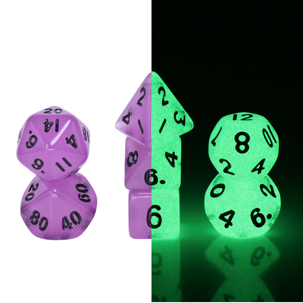 Purple Glow 7-Dice Mini-Dice RPG Set w/Black Numbers Miniature Dice (Online Only)