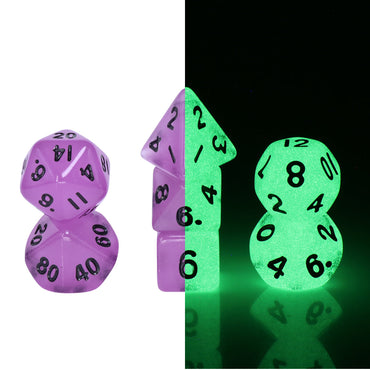 Purple Glow 7-Dice Mini-Dice RPG Set w/Black Numbers Miniature Dice (Online Only)