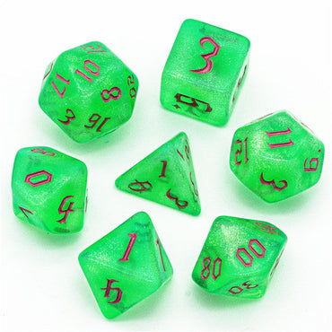 Green Glitter Party Glitter Dice (Pink font) 7-Dice Set RPG DND (Online Only)