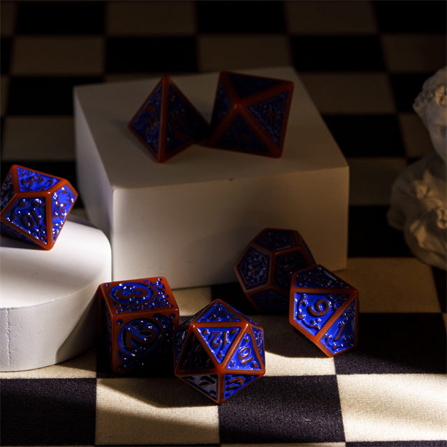 Burnt Orange with Blue Irregular Pattern Fill: 7-Piece Acrylic Dice Set (Online Only)