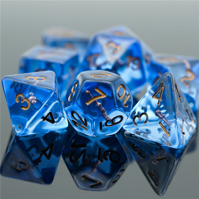 Wizard (Magic Wand) Clear Blue Dice w/ Golden Wand 7-Dice Set Rpg (Online Only)