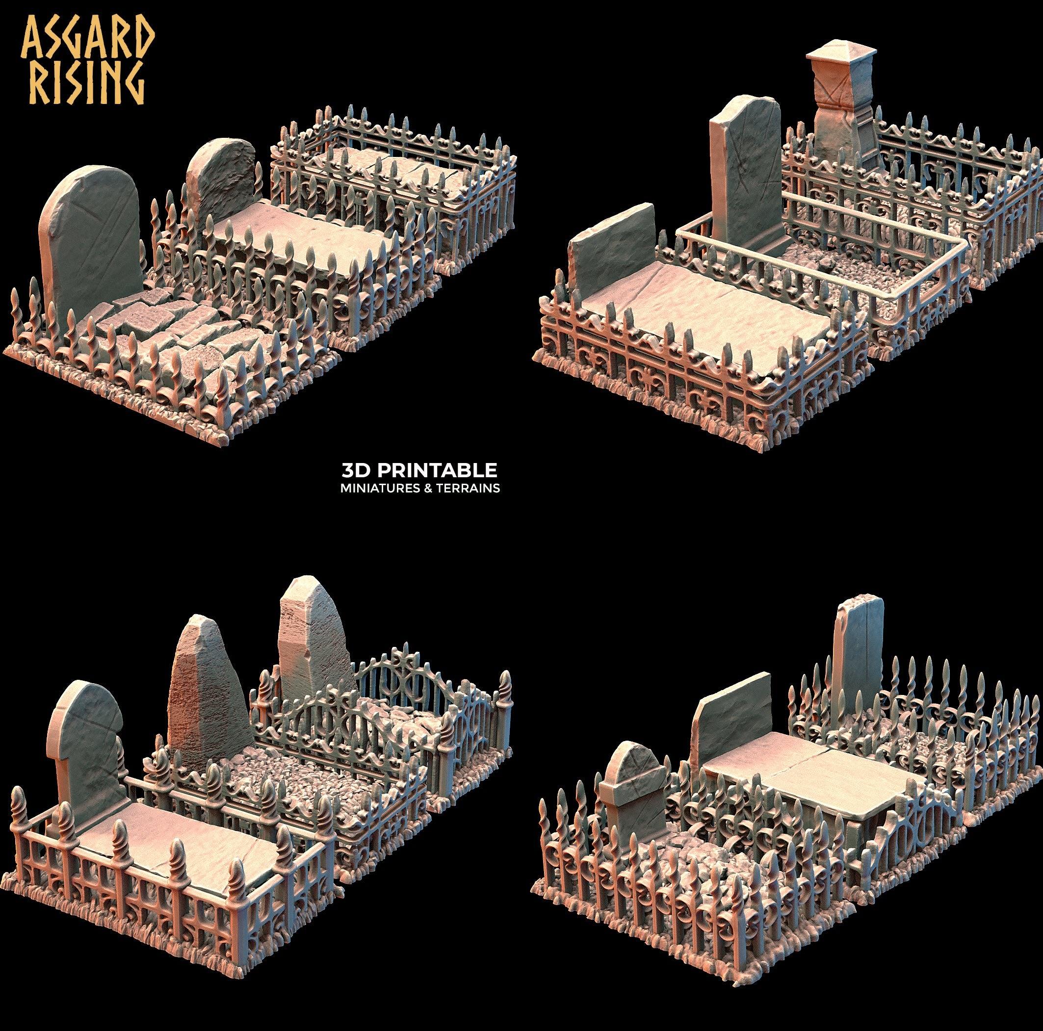 3D Printed Asgard Rising Cemetery Graves with Fence Set 28mm-32mm Ragnarok D&D (Online Only)