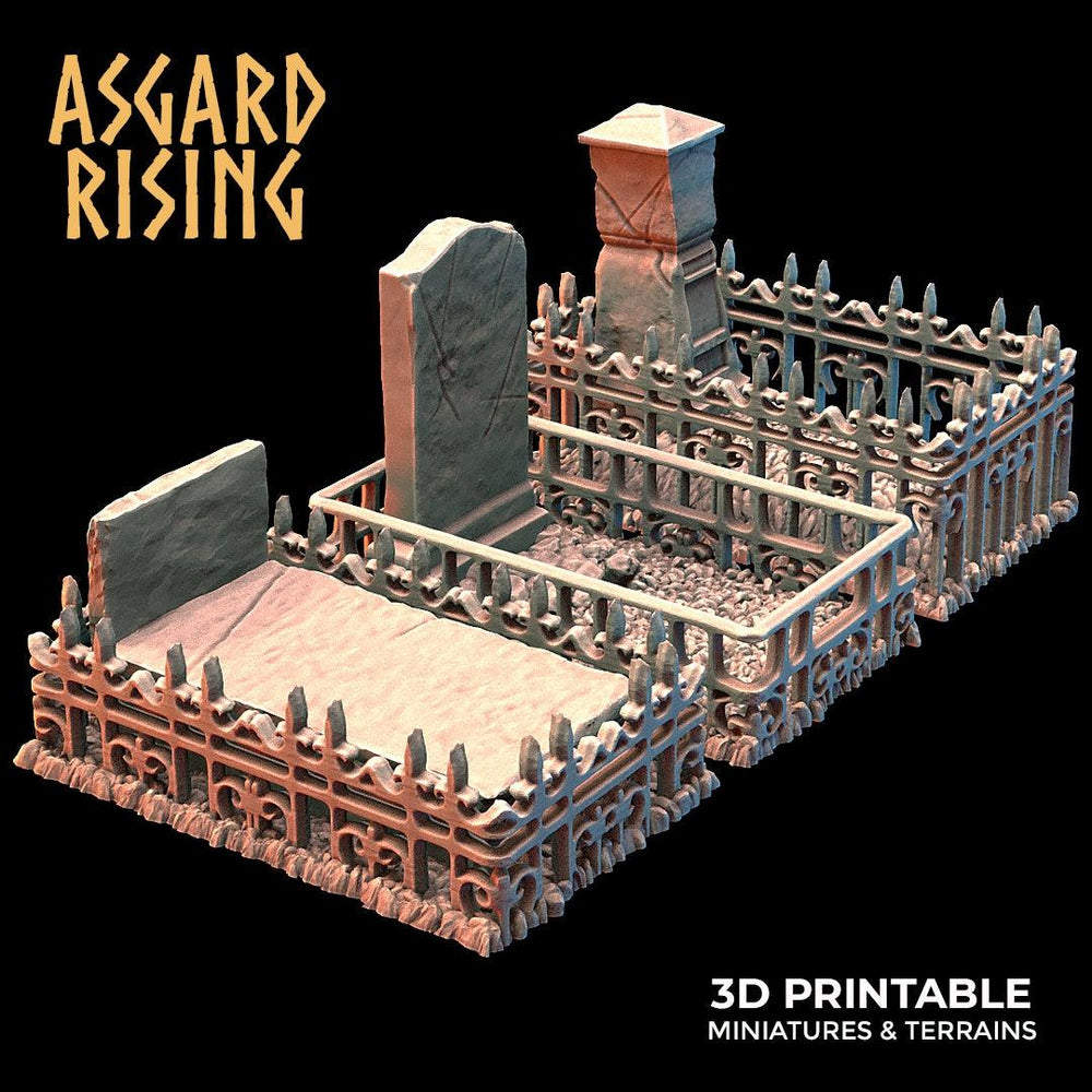 3D Printed Asgard Rising Cemetery Graves with Fence Set 28mm-32mm Ragnarok D&D (Online Only)