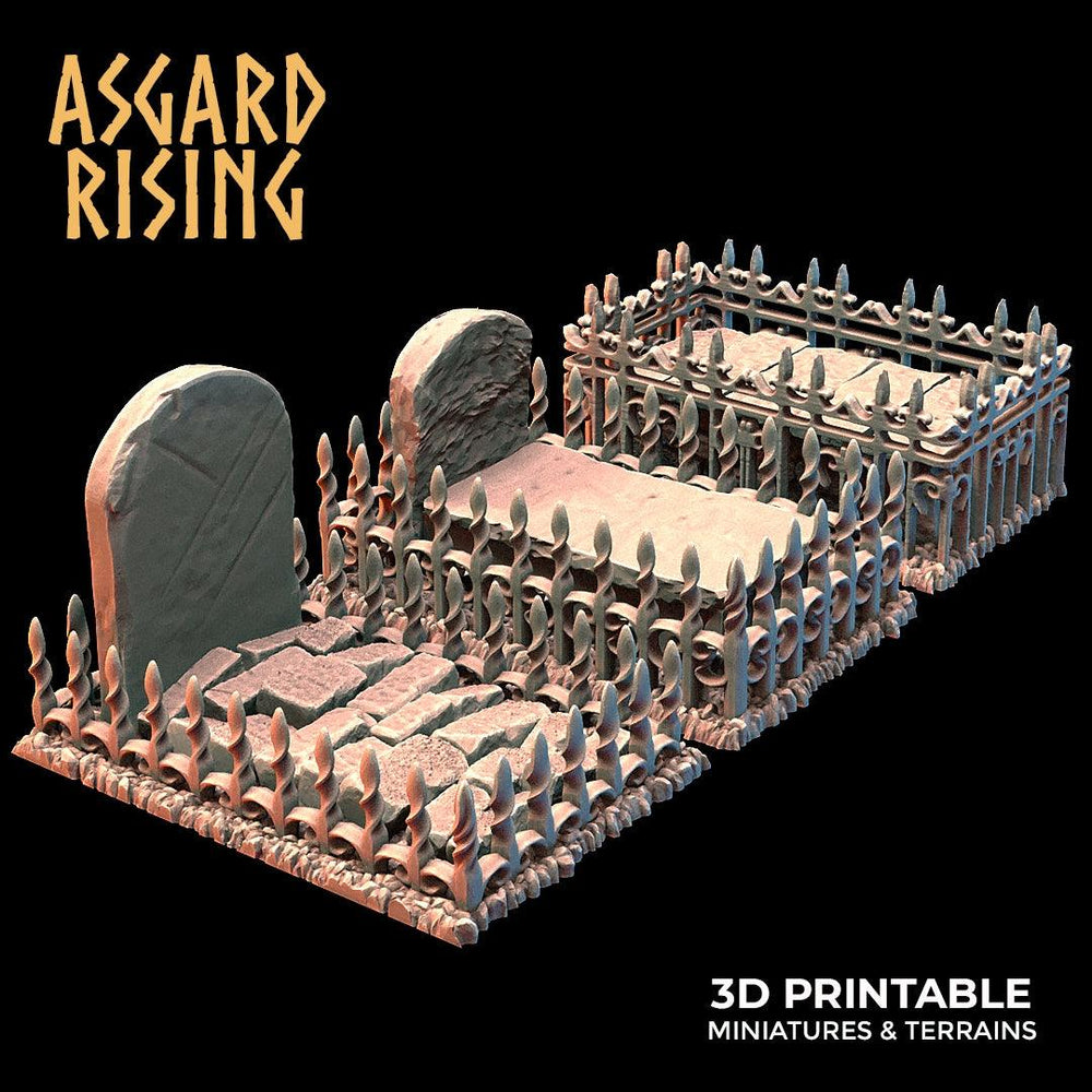 3D Printed Asgard Rising Cemetery Graves with Fence Set 28mm-32mm Ragnarok D&D (Online Only)