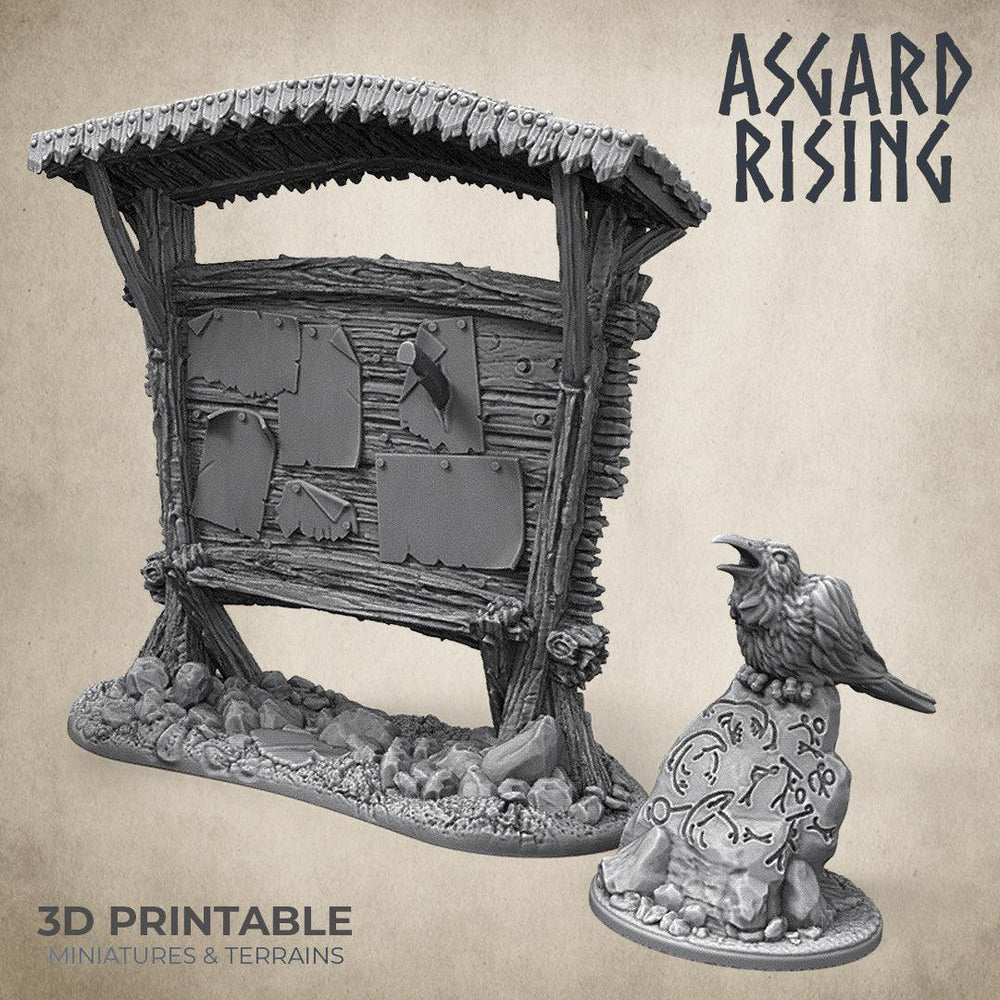3D Printed Asgard Rising Notice Bounty Board and Rune Rock with Crow 32mm D&D (Online Only)