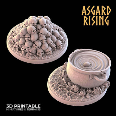 3D Printed Asgard Rising Skulls and Cauldron Camp Round Base Set 28mm - 32mm Ragnarok D&D (Online Only)