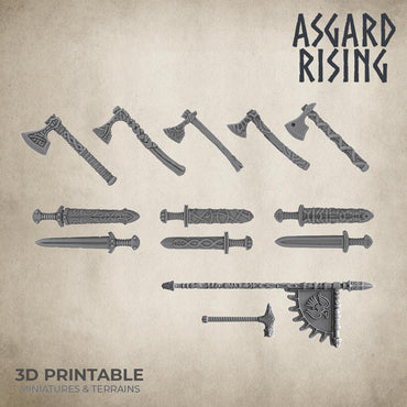3D Printed Asgard Rising Sword and Ax Weapon Set 1 - 32mm D&D (Online Only)