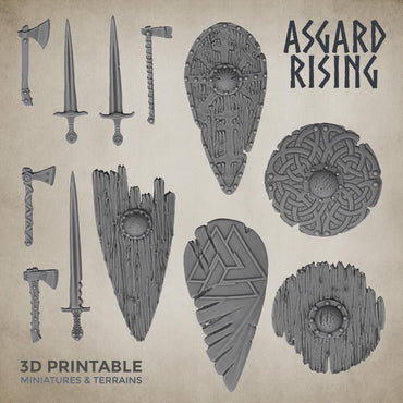 3D Printed Asgard Rising Sword and Shield Weapon Set 6 - 32mm D&D (Online Only)