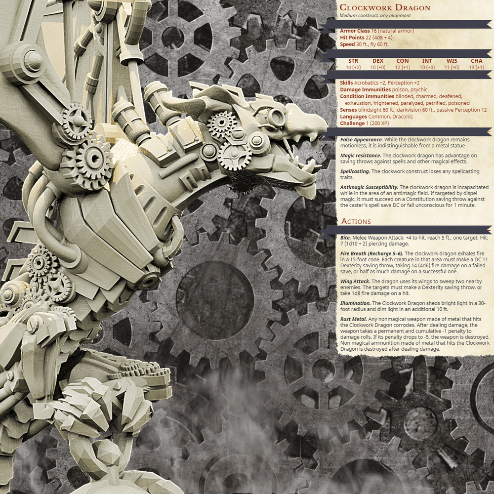 3D Printed Bestiary Vol. 4 Nafarrate - Clockwork Dragon 32mm Ragnarok D&D (Online Only)