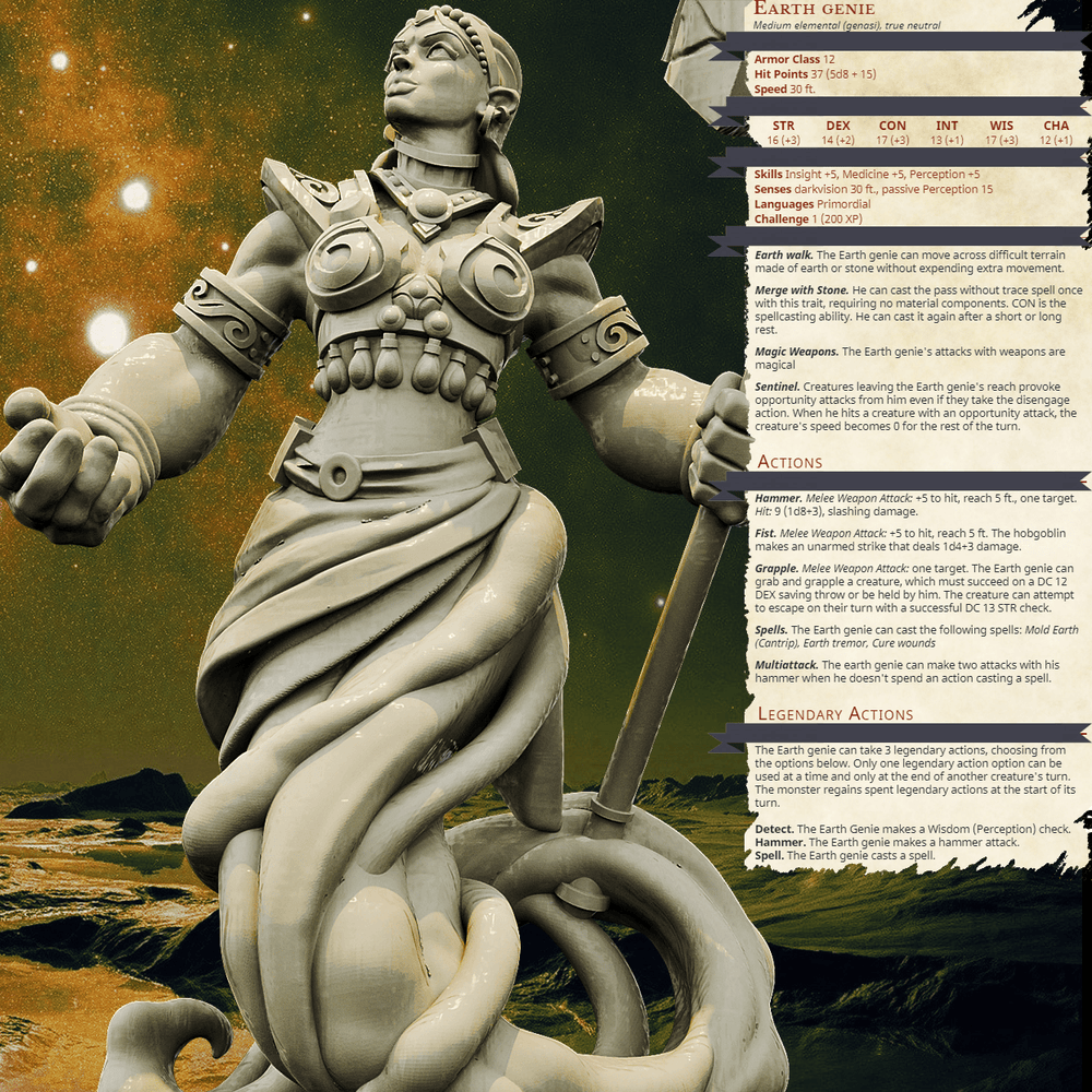 3D Printed Bestiary Vol. 4 Nafarrate - Earth Genie 32mm Ragnarok D&D (Online Only)