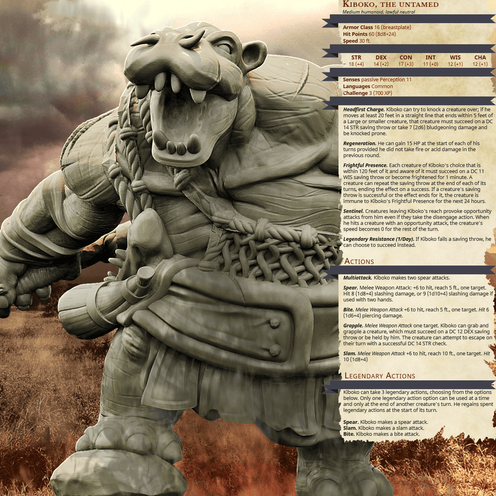 3D Printed Bestiary Vol. 4 Nafarrate - Kiboko Hippo Man 32mm Ragnarok D&D (Online Only)