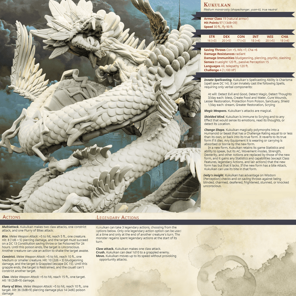 3D Printed Bestiary Vol. 4 Nafarrate - Kukulkan Sea Serpent 32mm Ragnarok D&D (Online Only)