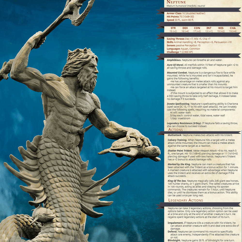 3D Printed Bestiary Vol. 4 Nafarrate - Neptune Merman 32mm Ragnarok D&D (Online Only)