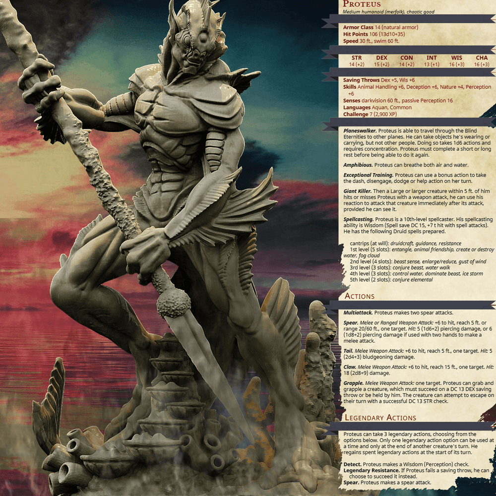 3D Printed Bestiary Vol. 4 Nafarrate - Proteus Merfolk 32mm Ragnarok D&D (Online Only)