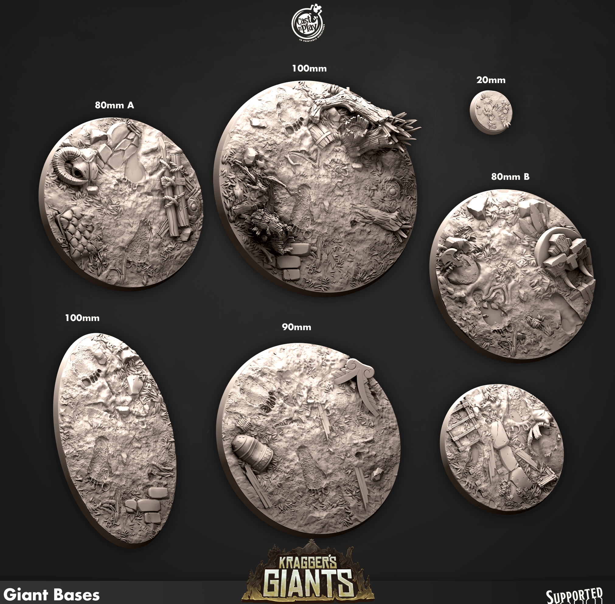 3D Printed Cast n Play 695 Giant Bases Kragger's Giants Set 28mm 32mm D&D (Online Only)