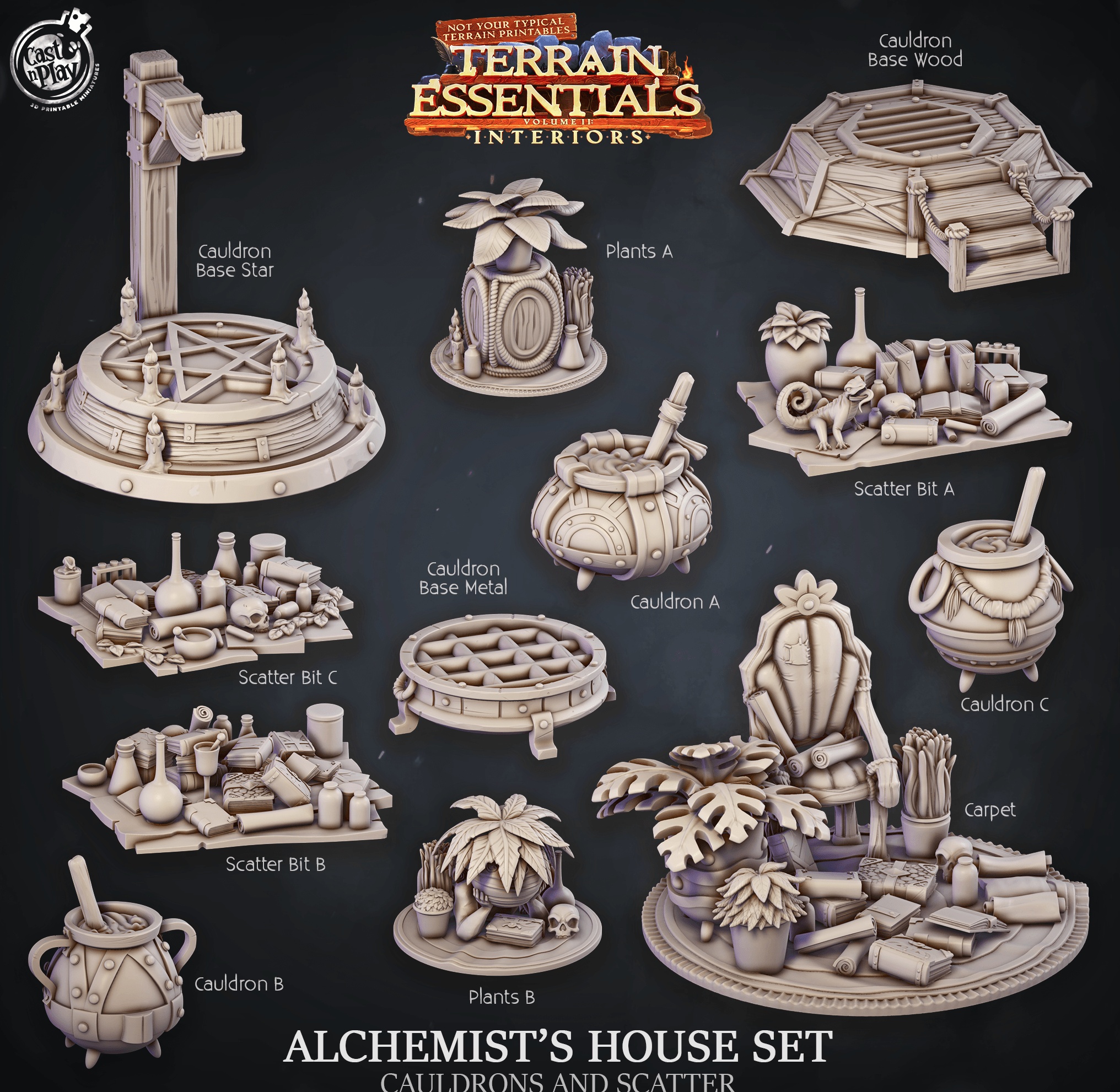 3D Printed Cast n Play Alchemist's House Cauldrons and Scatter Terrain Essentials 28mm 32mm D&D (Online Only)