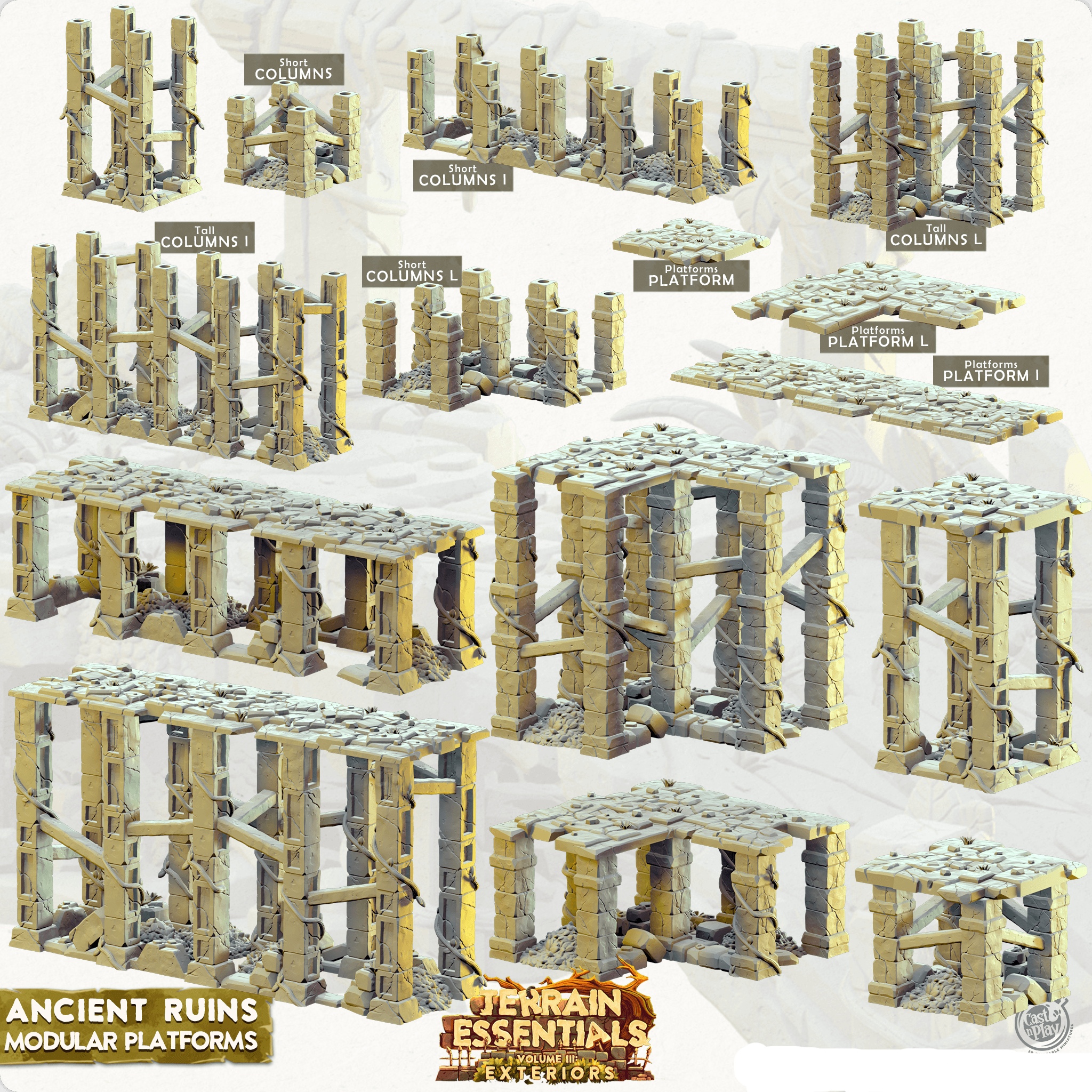 3D Printed Cast n Play Ancient Ruins - Modular Platforms Ancient Ruins Set 28mm 32mm D&D (Online Only)