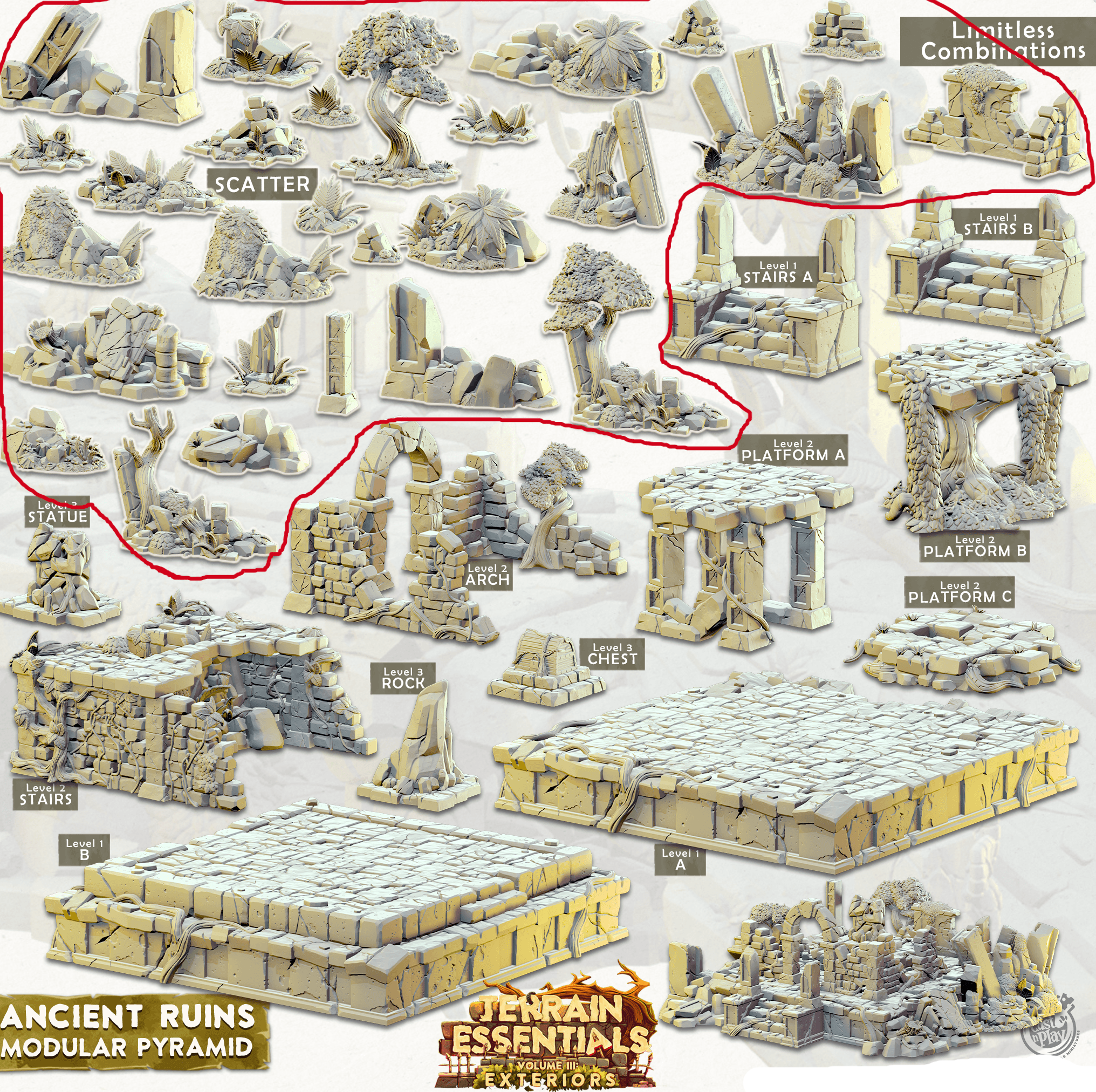 3D Printed Cast n Play Ancient Ruins - Modular Pyramid Ancient Ruins Set 28mm 32mm D&D (Online Only)