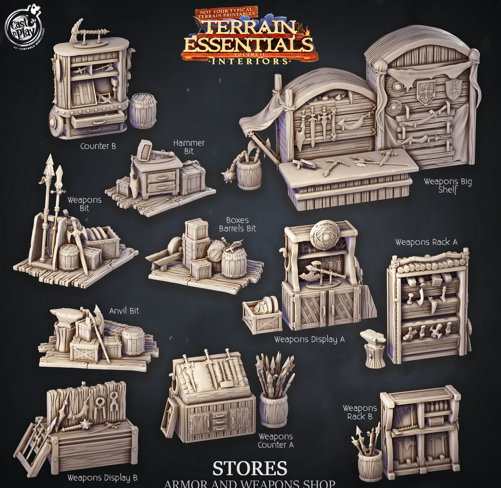 3D Printed Cast n Play Armors and Weapons Shop Terrain Essentials 28mm 32mm D&D (Online Only)