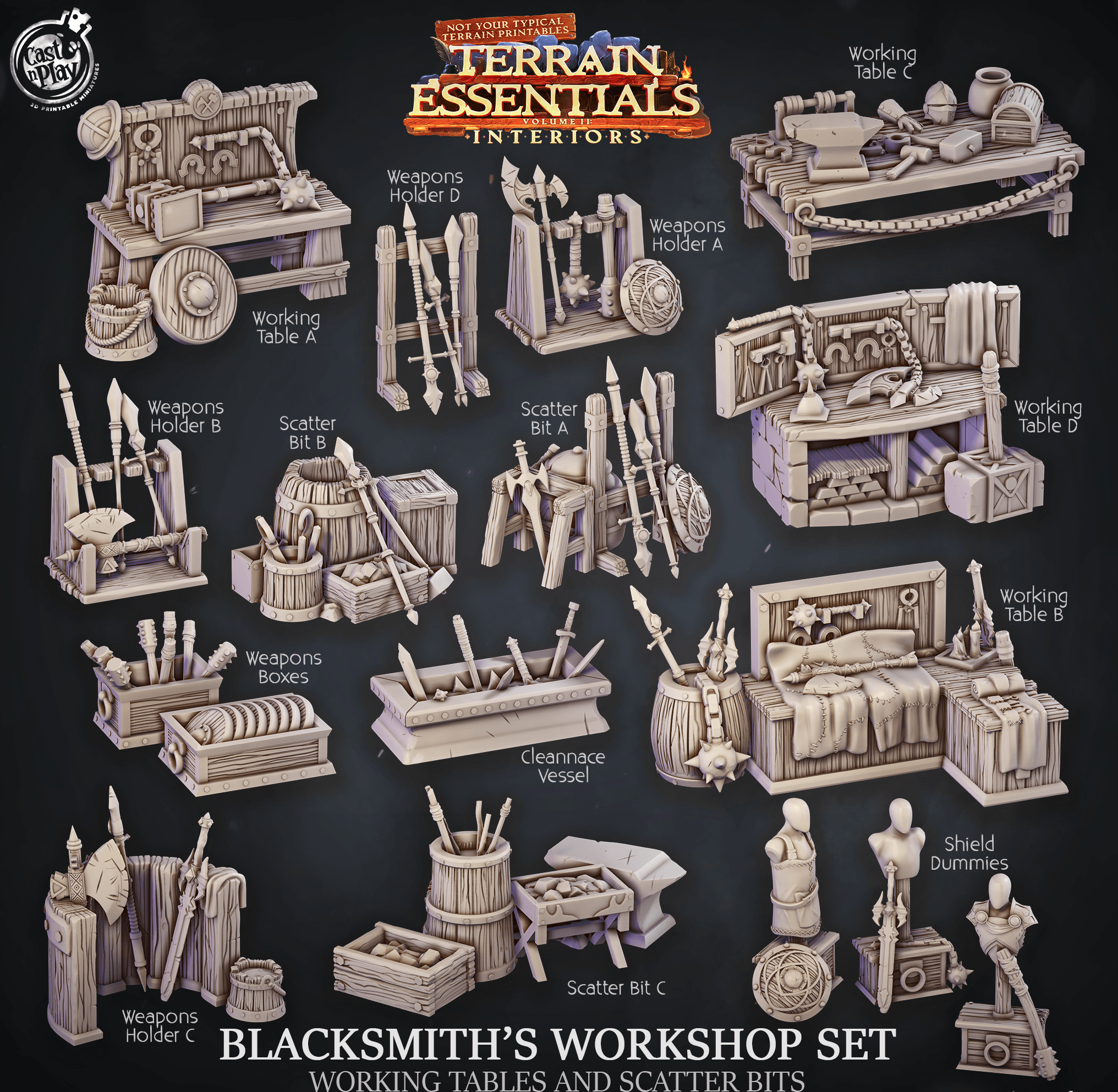 3D Printed Cast n Play Blacksmith's Workshop Tables and Bits Terrain Essentials 28mm 32mm D&D (Online Only)