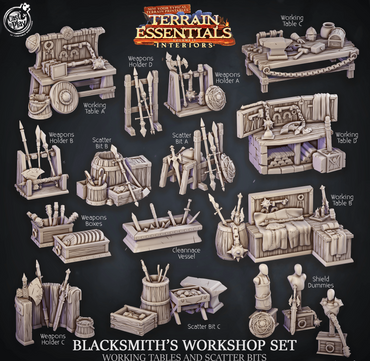 3D Printed Cast n Play Blacksmith's Workshop Tables and Bits Terrain Essentials 28mm 32mm D&D (Online Only)