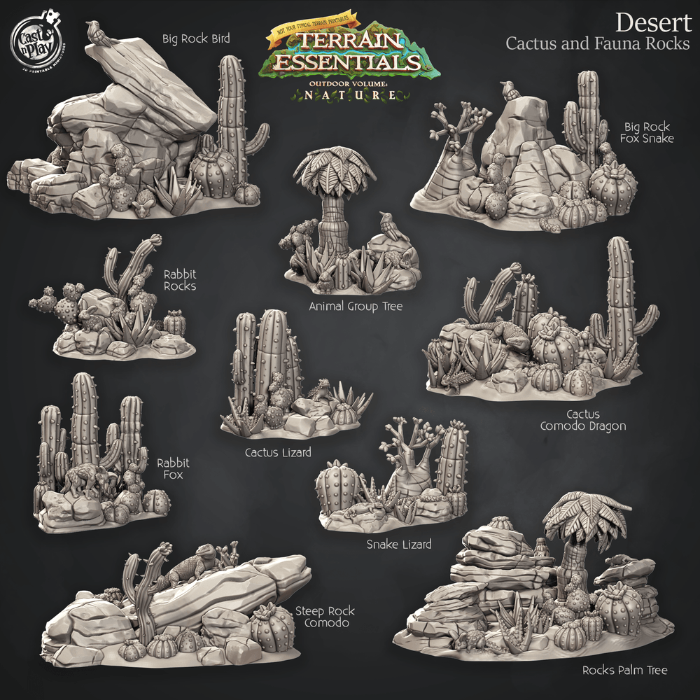 3D Printed Cast n Play Cactus, Fauna and Rocks Desert Terrain Set Terrain Essentials Nature 28mm 32mm D&D (Online Only)