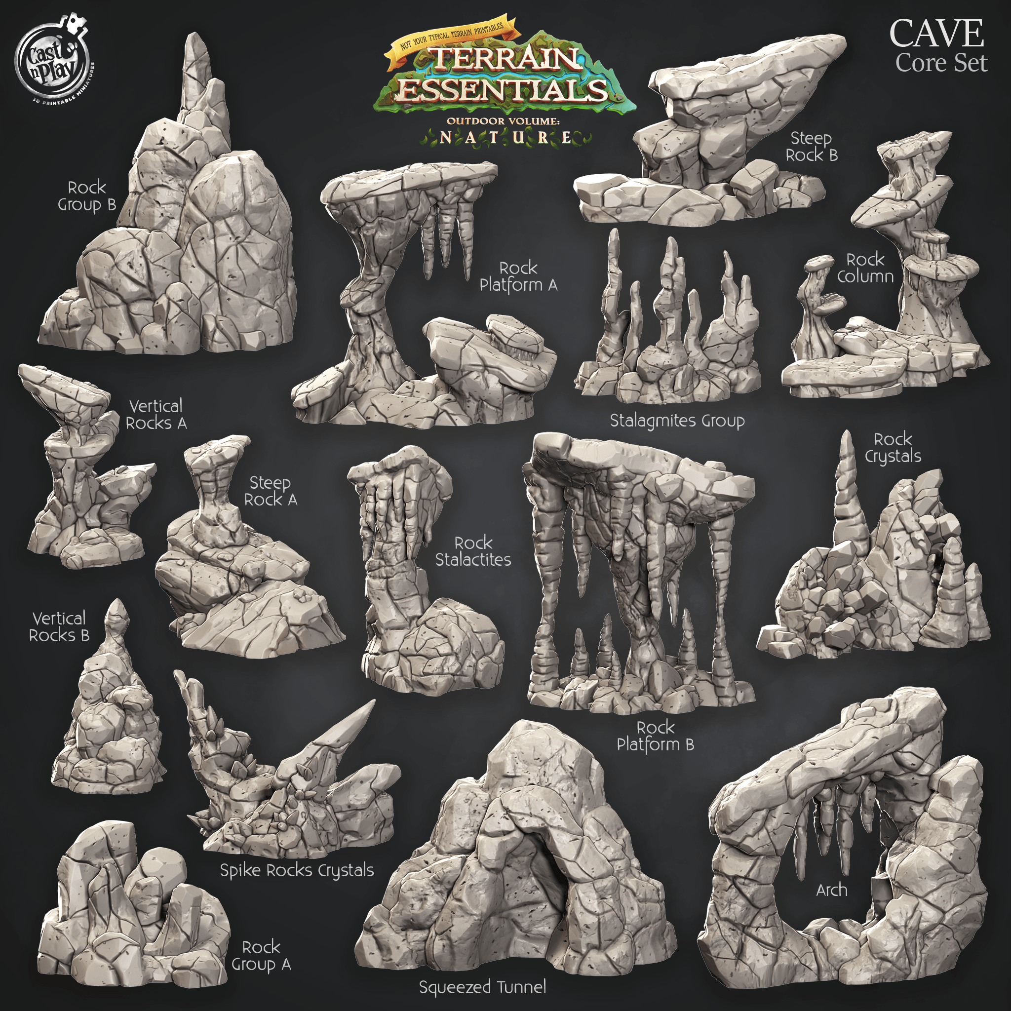 3D Printed Cast n Play Cave Core Terrain Set Terrain Essentials Nature 28mm 32mm D&D (Online Only)